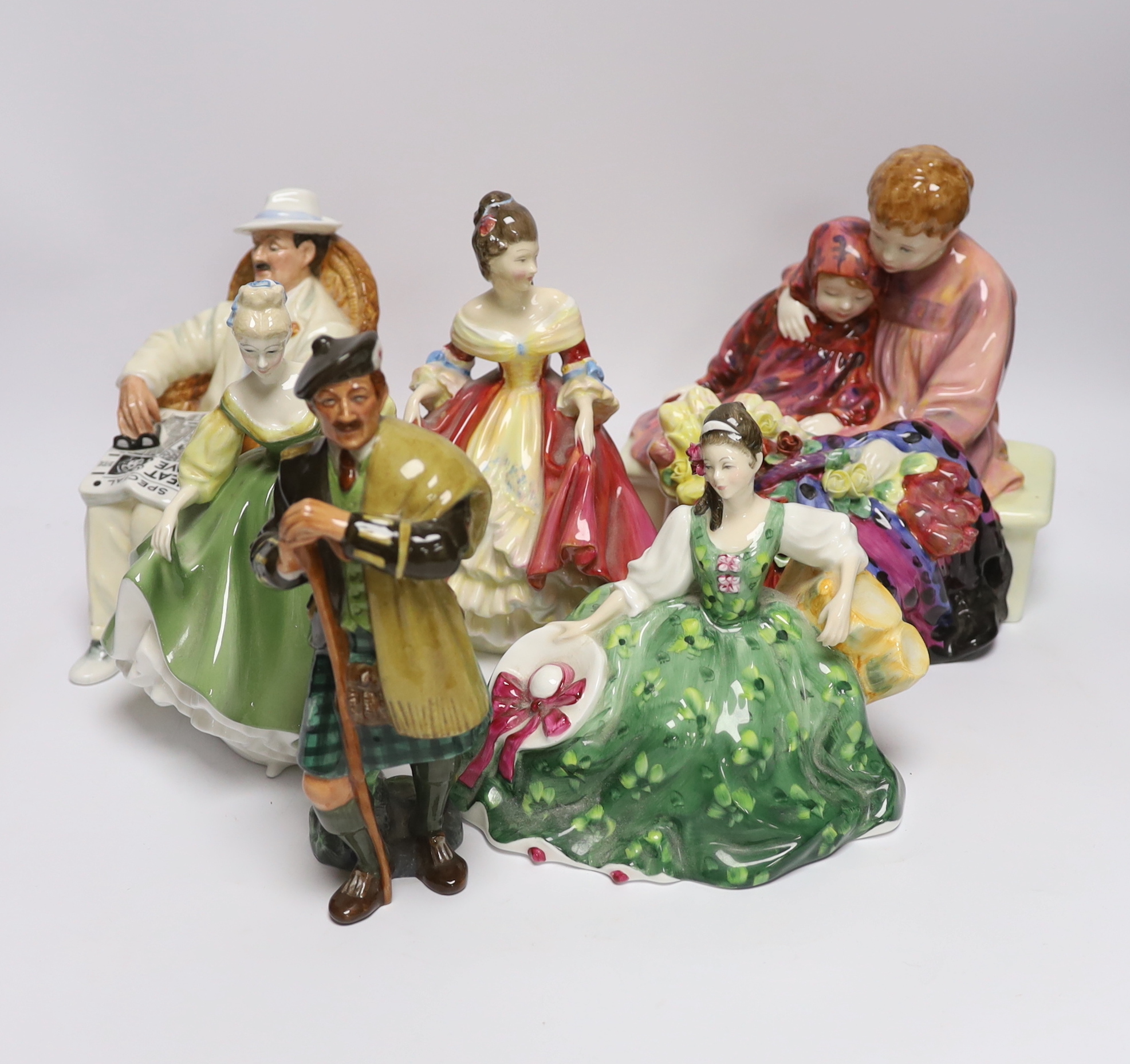 Six various Royal Doulton figures - Southern Belle, Taking Things Easy, Fair Lady, The Laird, Elyse and Flower Sellers Children